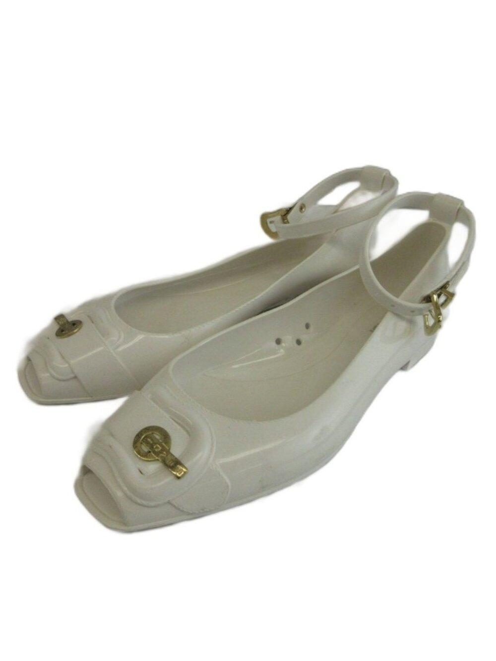 Fendi Pumps Flat Shoes Rubber Open Toe Ankle Strap Logo Gold White